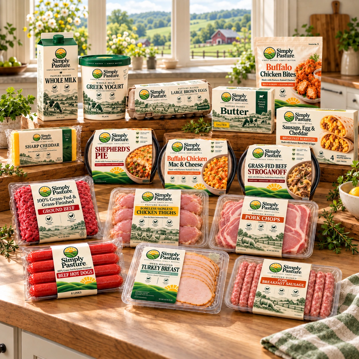The Simply Pasture assortment, including fresh meat, eggs, dairy, deli, breakfast, snacks and prepared meals.