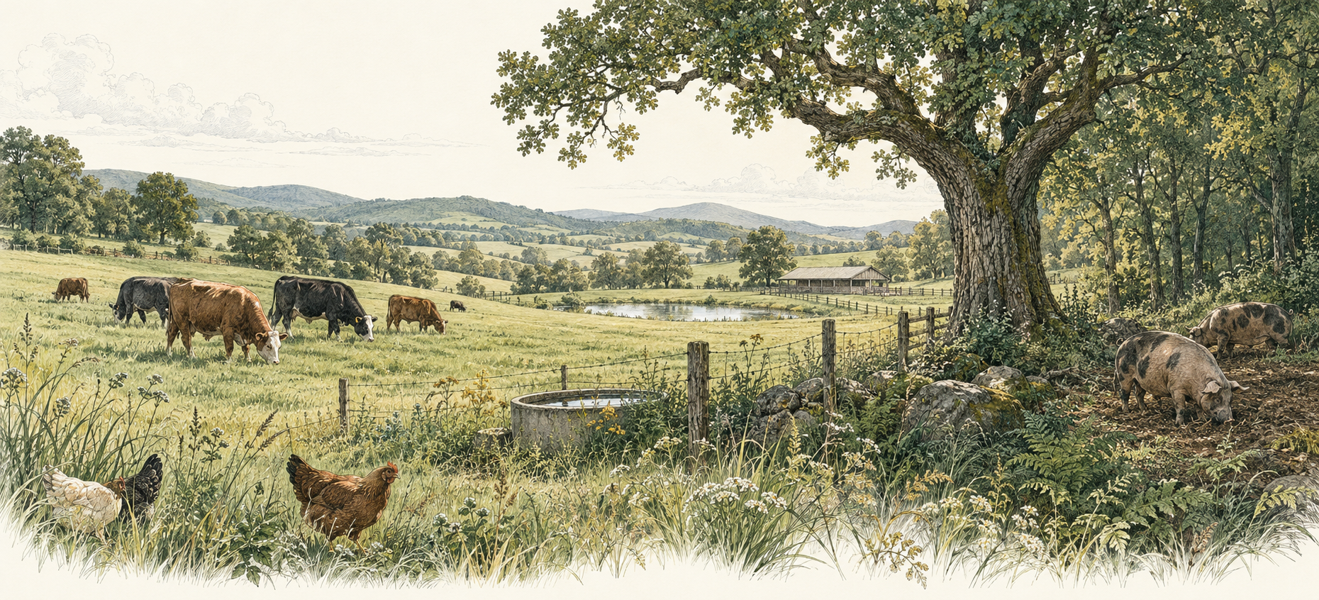 Ink-and-watercolor pasture illustration with grazing cattle, hens, pigs, shade and water