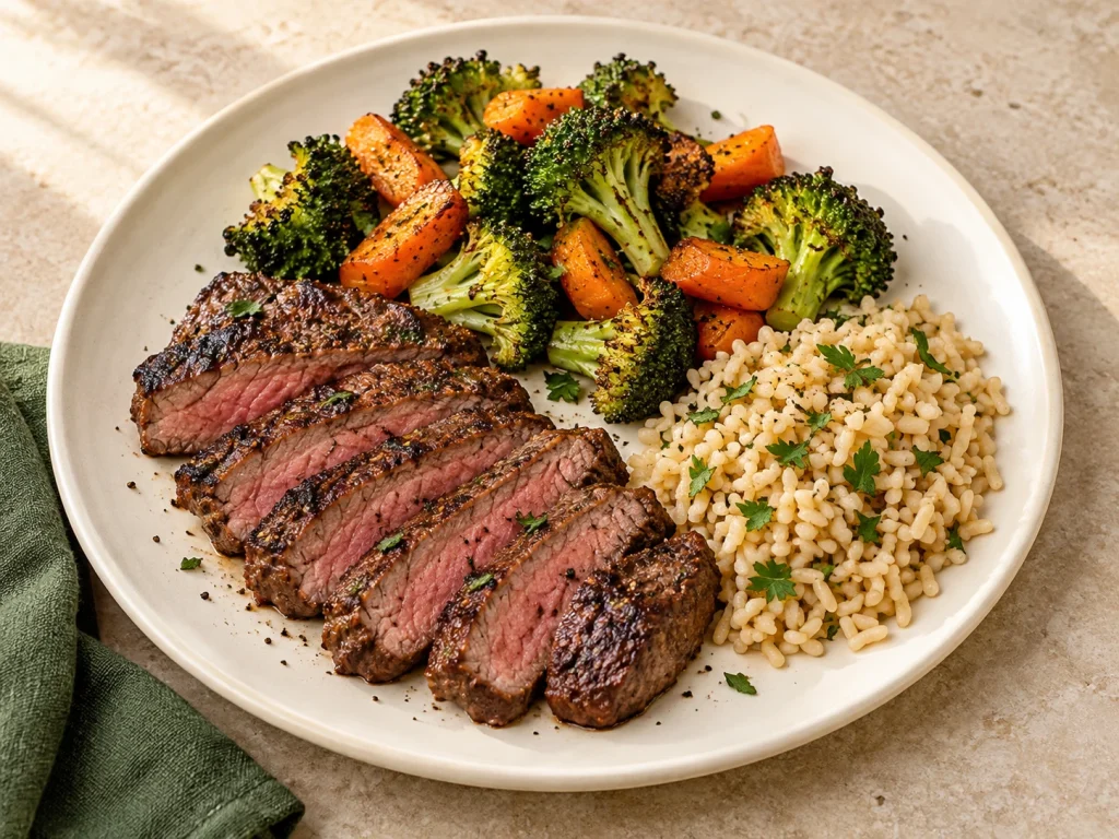 Sliced steak with roasted broccoli, carrots, and rice.