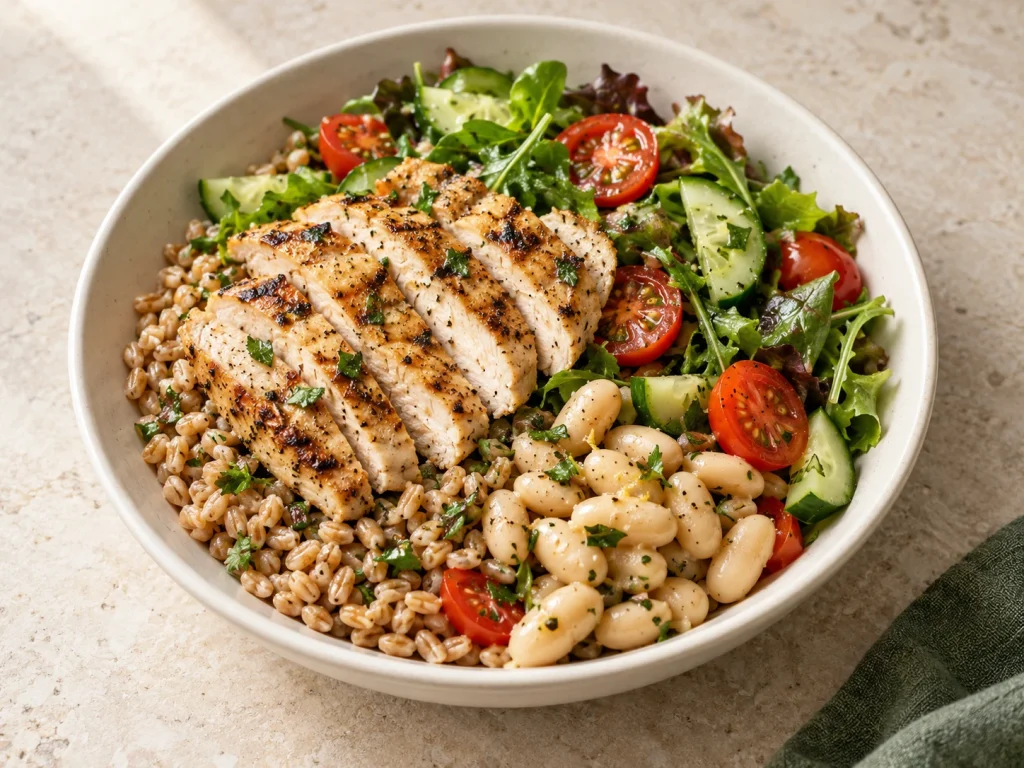 Grilled chicken bowl with grains, white beans, and fresh vegetables.