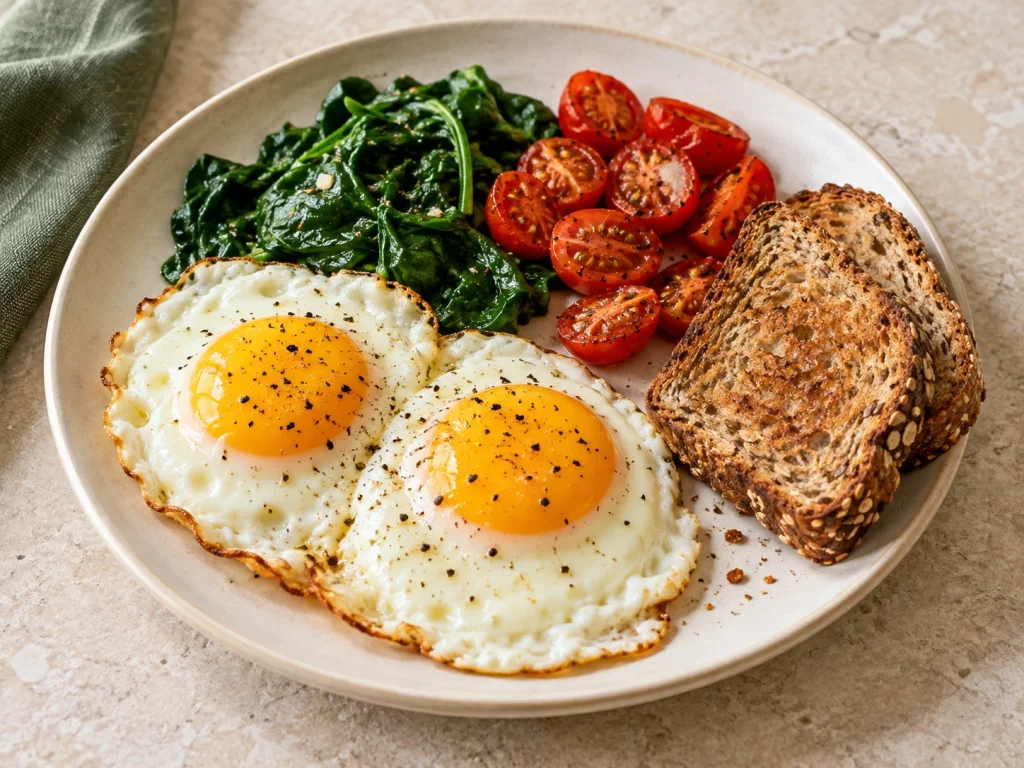 Fried eggs with spinach, roasted tomatoes, and whole-grain toast.
