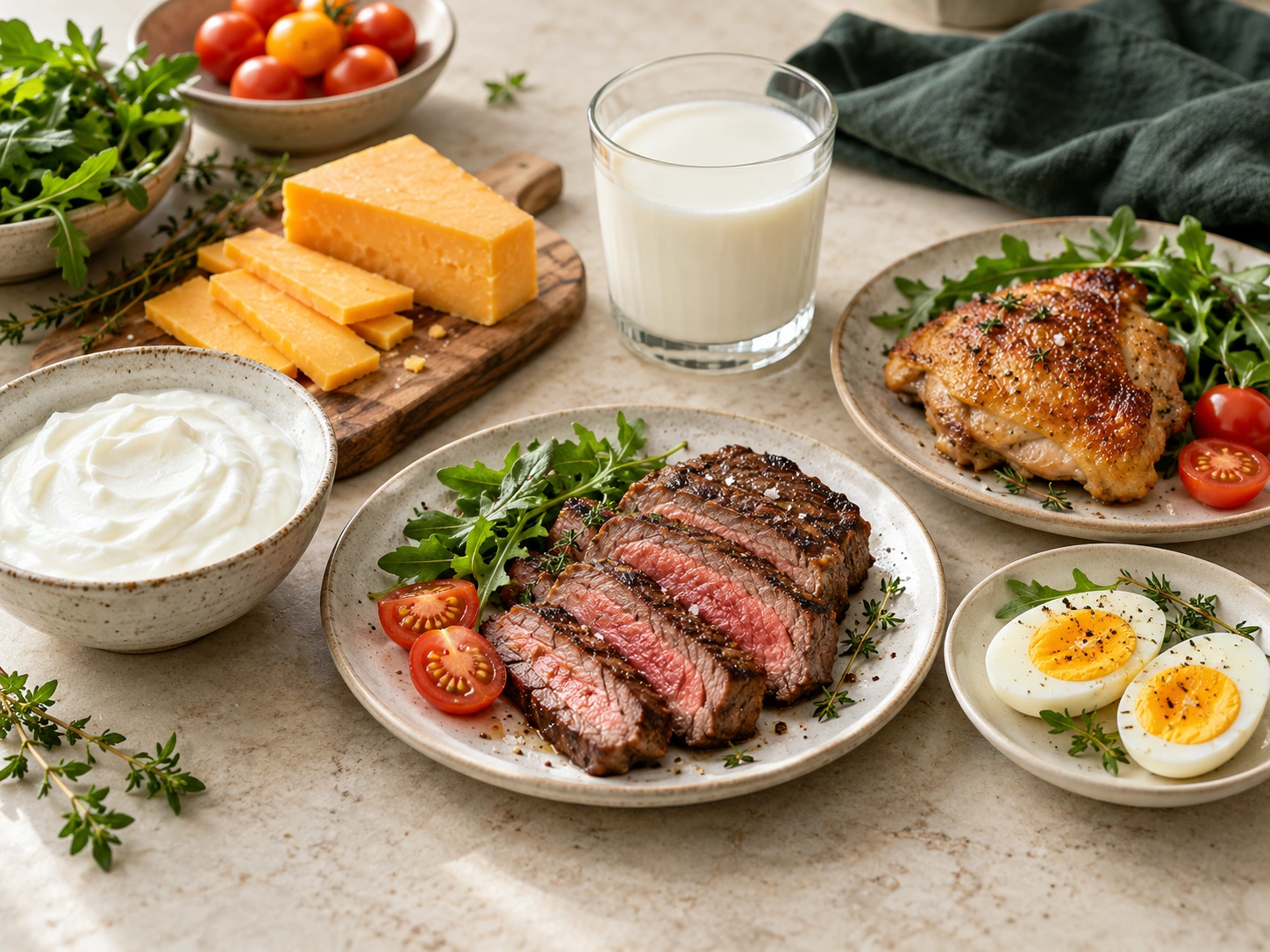 Steak, chicken, eggs, yogurt, cheddar and milk with vegetables.