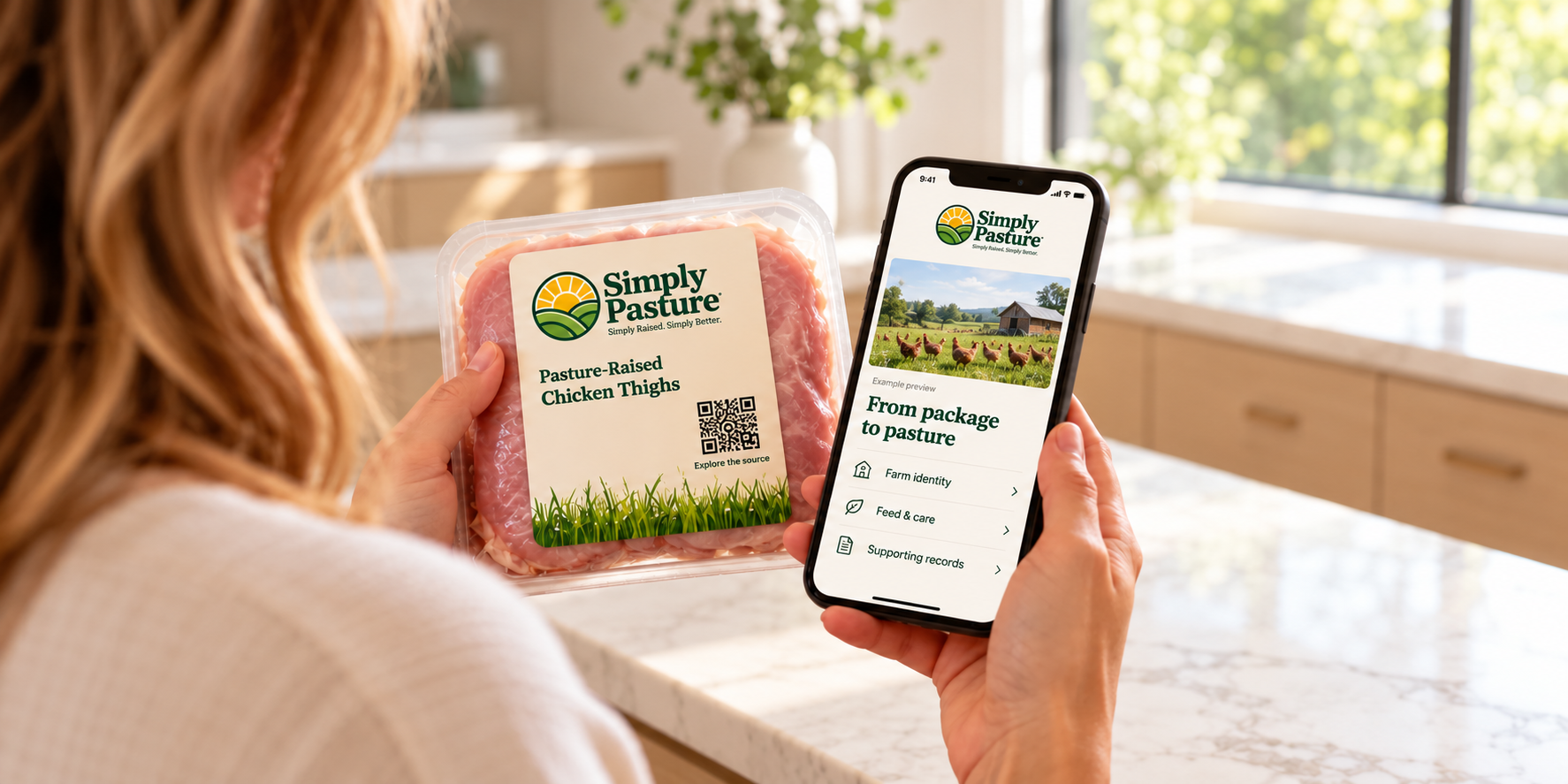 Illustrative woman holding a packaged chicken product beside an example phone source record