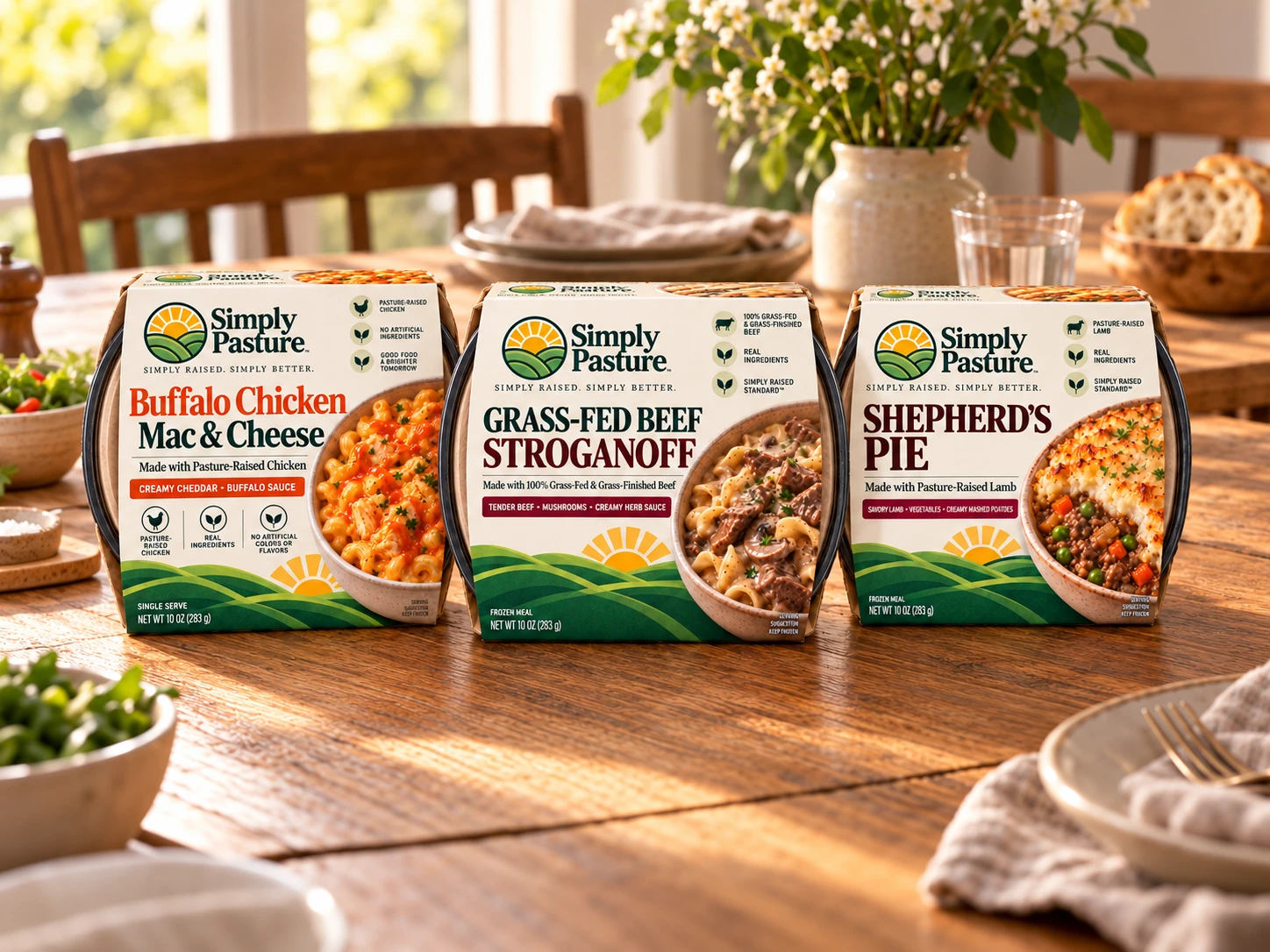 Simply Pasture buffalo chicken mac and cheese, beef stroganoff and shepherd's pie on a dining table