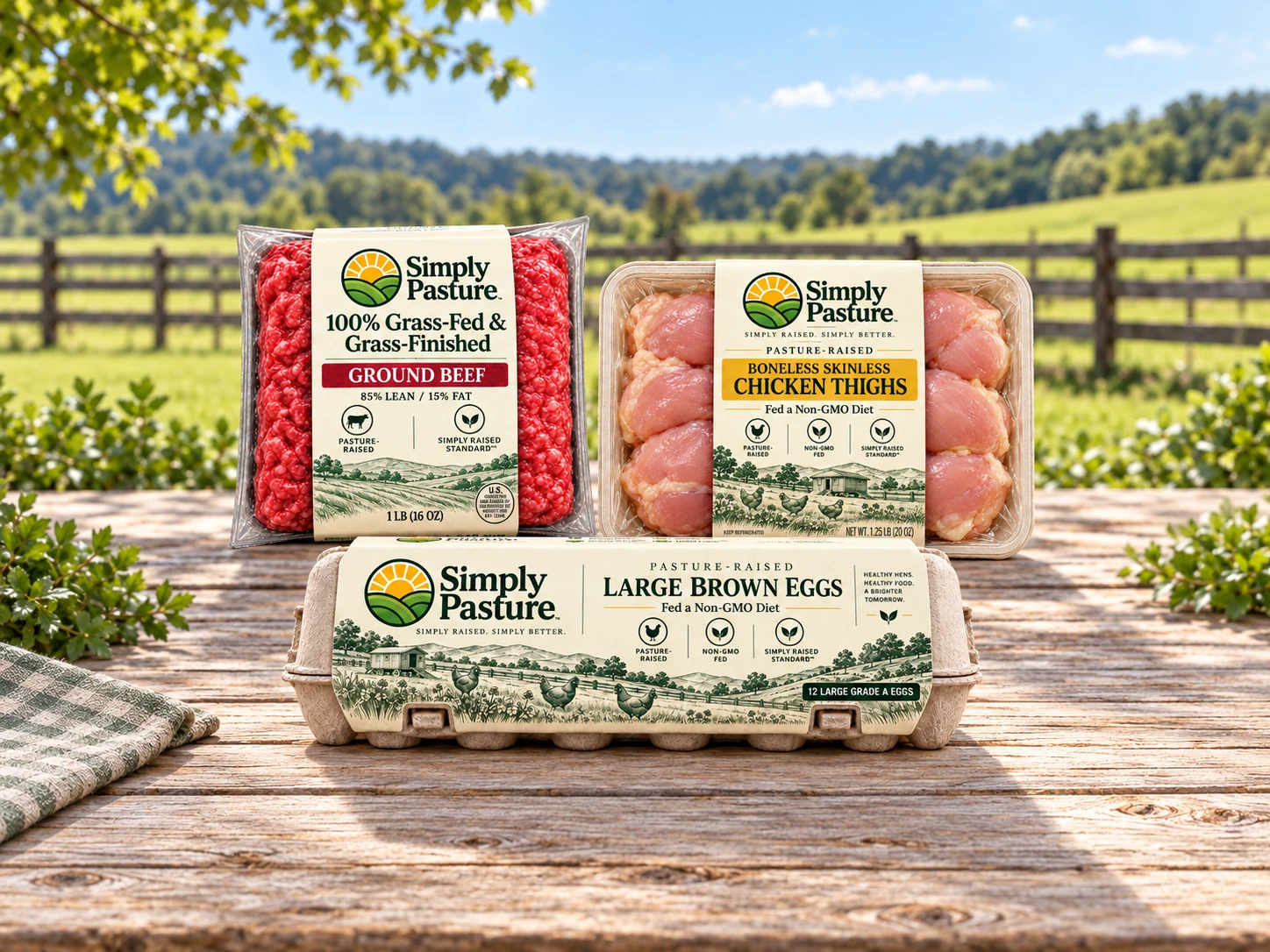 Simply Pasture ground beef, chicken thighs and large brown eggs on a farm fence table