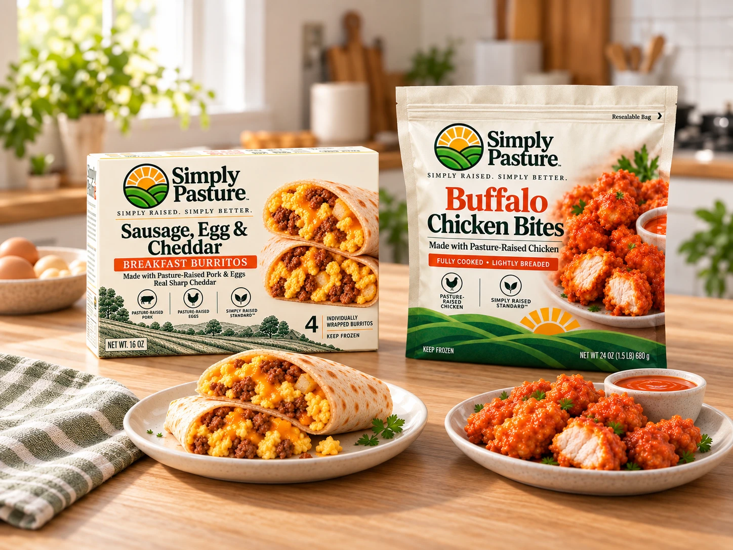 Simply Pasture breakfast burritos and buffalo chicken bites plated on a kitchen counter